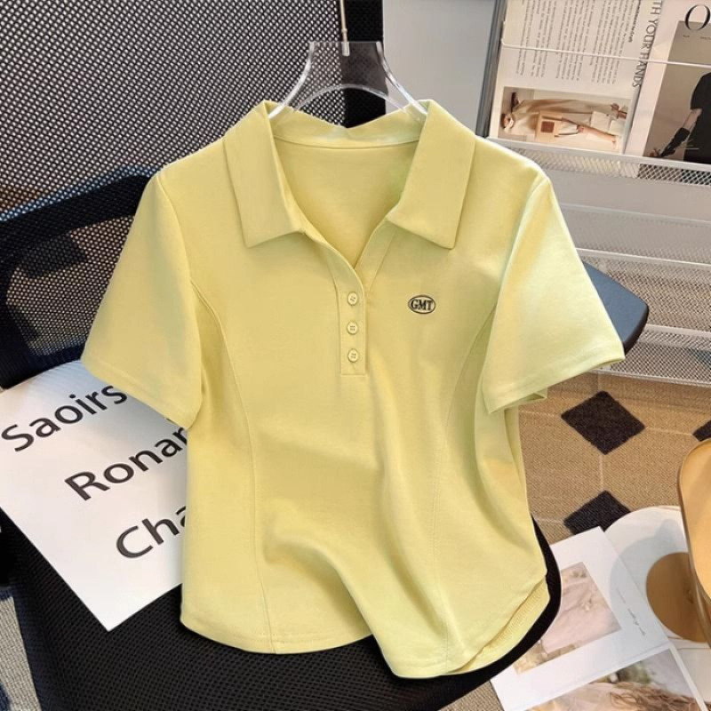大きいサイズの婦人服の夏の百合の不規則な弧の形の裾の半袖のtシャツの女性の新型のpoloは襟をひっくり返してやせている上着を現します。|undefined