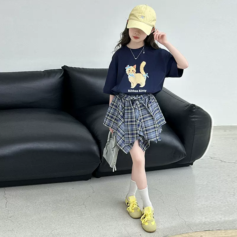 夏季中大女童短袖t恤格子短裙套装童装儿童新品女孩半身裙两件套
