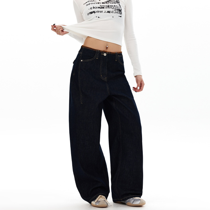 YECHUAN # American-style, waistless, color-blocked, hand-stitched, straight-leg, versatile, and slimming jeans for women