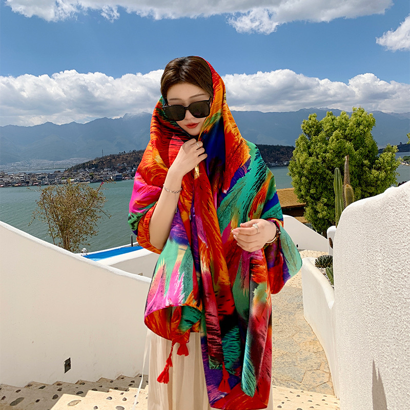 Yunnan estilo étnico colorido pluma viaje protector solar Toalla de playa moda al aire libre chal decorativo algodón y lino sensación bufanda seda
