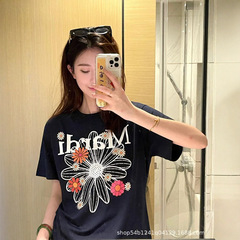 現物高バージョン韓国潮牌Mardi小デイジー多花半袖tシャツ純綿ゆるい金高銀同金