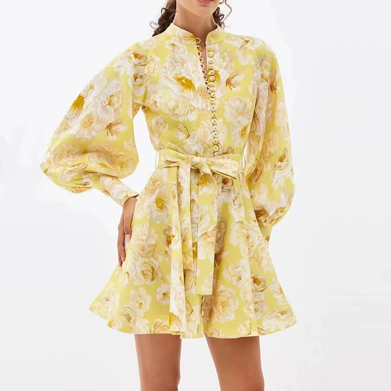 Премиум Чувство Печатная юбка 2024 Новый европейский и американский вертикальный воротник однобортный пояс с рукавами фонаря праздничное платье