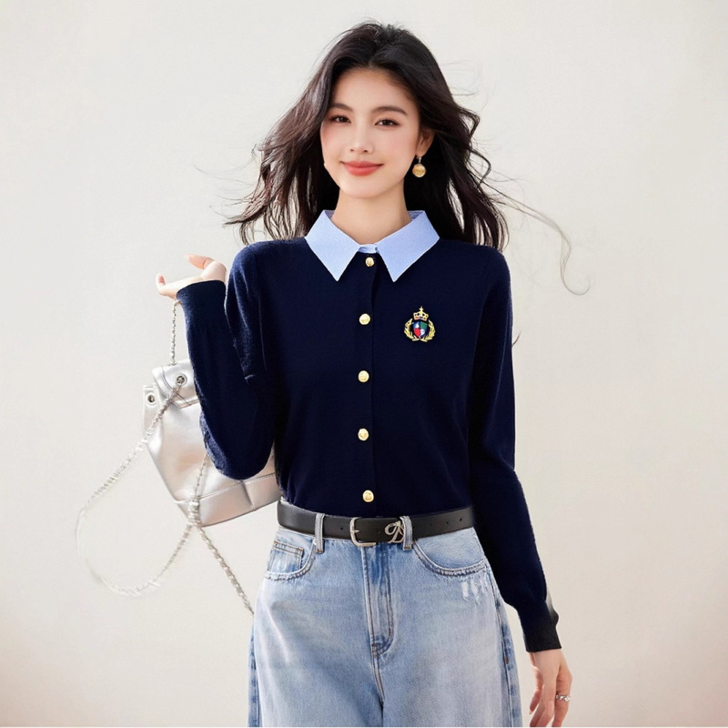假两件polo领长袖针织打底衫女秋装2025年早秋季新款内搭毛衣上衣|undefined