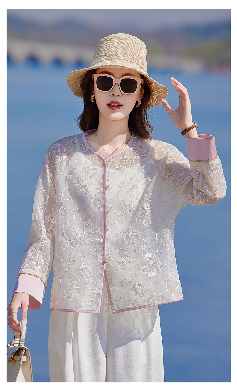 Áo cardigan nữ tay dài thêu hoa cổ tròn phối nút — Màu hồng, màu mơ chi tiết 11