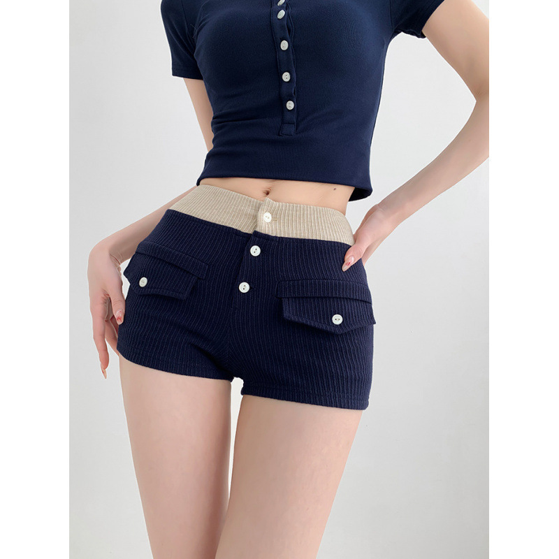 Date Battle Patchwork Waist Casual Wide-Leg Hot Pants for Women Summer Retro Buttoned Slim Outer Sports Shorts