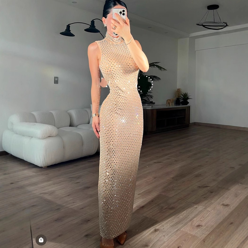 New Style Sparkling Diamond Micro-Sexy Halterneck Sleeveless Casual Diamond-Encrusted Tight Long Hip-Hugging Party Dress for Women