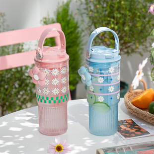 Suction tube cup new large capacity cup summer girls high color value portable with handle out adult plastic cup