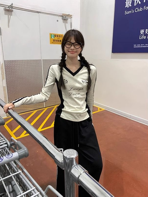 美式辣妹正肩V领外穿打底衫女秋冬季运动风紧身ins风长袖t恤上衣|undefined