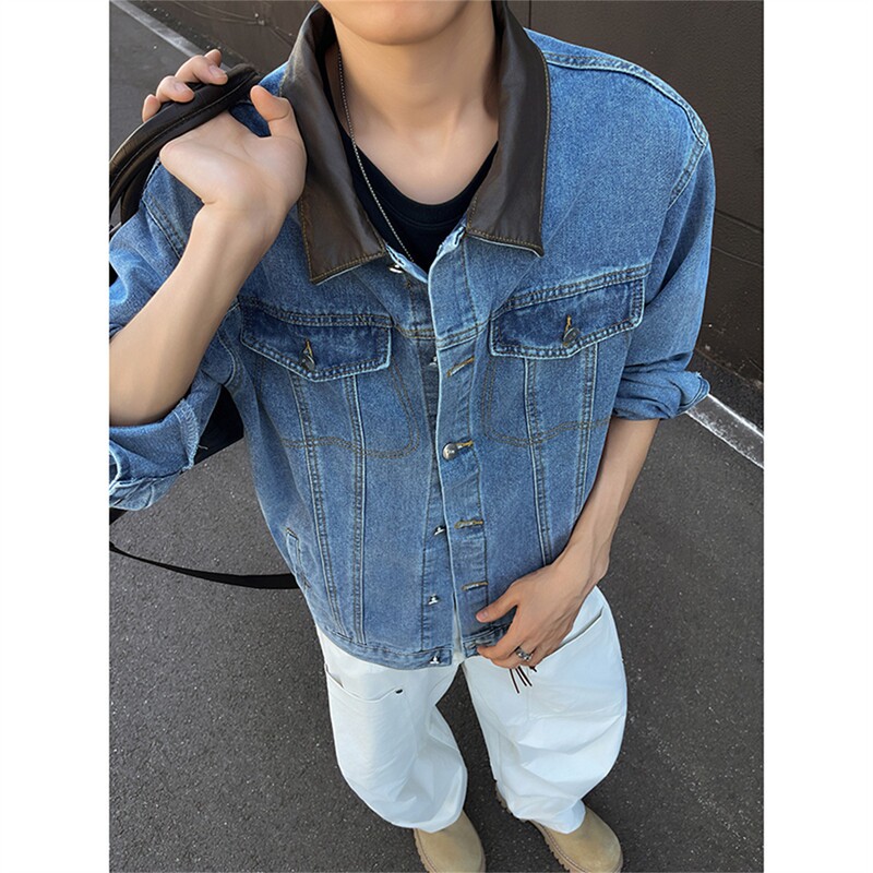 Color-Blocked Pu Leather Collar Denim Jacket for Men, Spring and Autumn Trendy Brand, Stylish Workwear with a High-End Feel, Loose Carhartt-Style Outerwear
