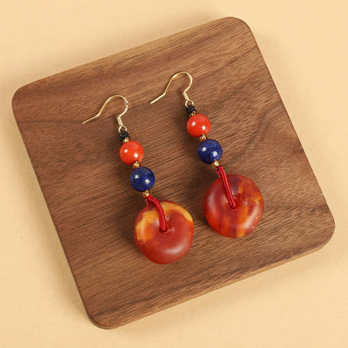 Niche design ethnic style beeswax earrings retro long style artistic temperament female ancient style cheongsam simple Tibetan style earrings