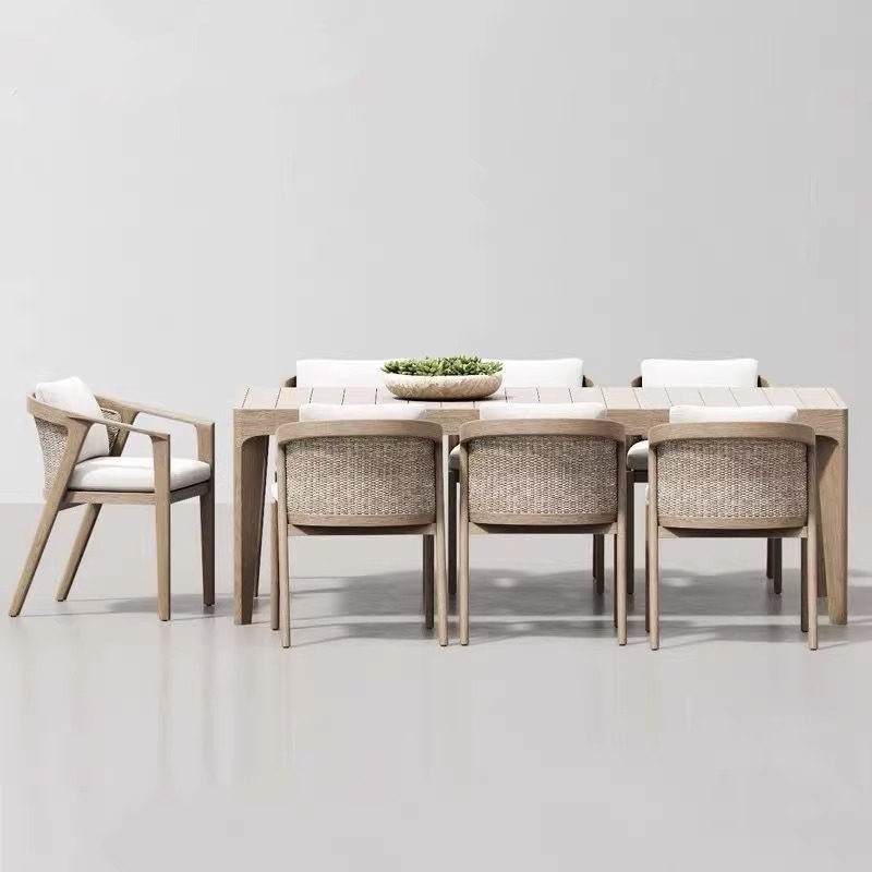 Mesas y sillas de teca de madera maciza nórdica Patio Villa Balcón Al aire libre Jardín al aire libre Hotel Silla de ratán de ocio de teca anticorrosiva