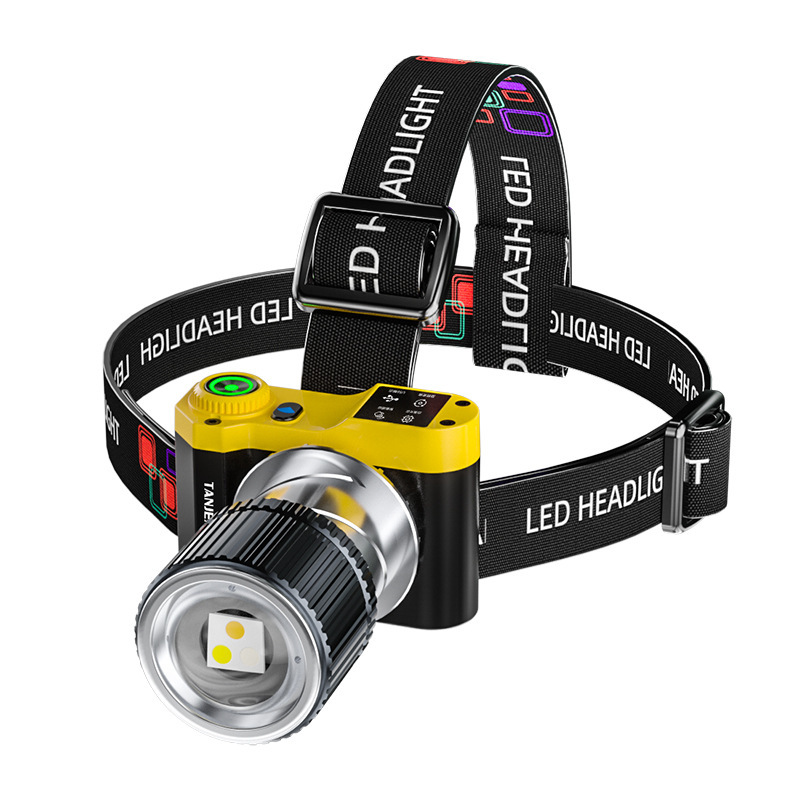 Nuevo faro de cámara con sensor de luz fuerte, blanco, azul, amarillo, tres fuentes de luz, mecha, telescópica al aire libre, luz de pesca nocturna portátil de largo alcance