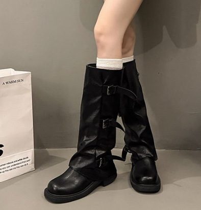 网红复古粗跟中筒靴女2025新款小众时尚舒适西部牛仔靴褶皱堆堆靴|undefined