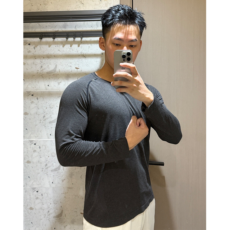Lulu Seamless One-Piece Knitted Sports Long-Sleeved Men's Autumn Quick-Drying T-Shirt Training Fitness Elastic American-Style Round-Neck Top