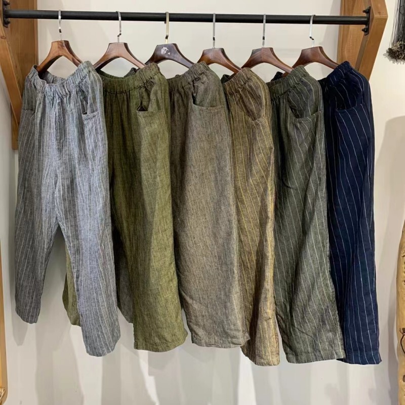 Vintage Artistic Vertical Stripe Linen Hallen Pants Women's Summer New Loose All-match Loose Loose Waist Casual Cropped Pants for Women