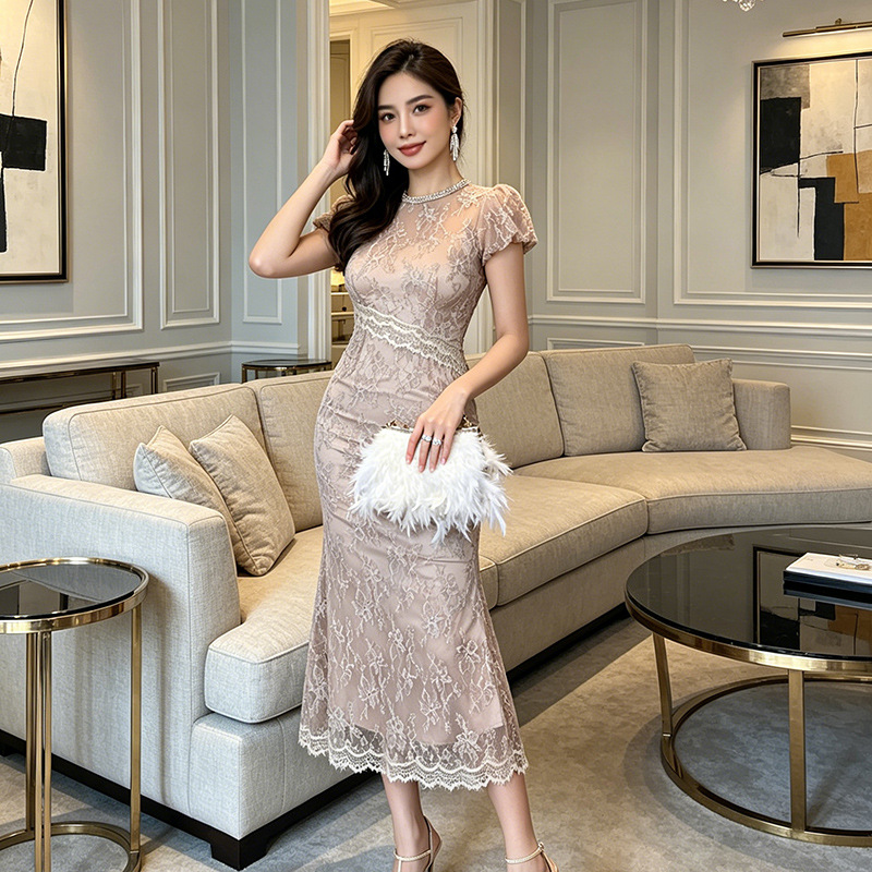 Đầm ren ôm body cổ tròn tay ngắn phong cách nhẹ nhàng — Tím nhạt chi tiết 2