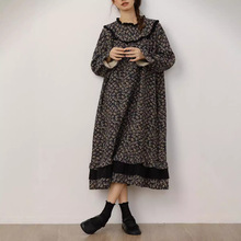 森系甜美木耳领田园复古风棉麻高腰长裙女装宽松碎花法式连衣裙冬