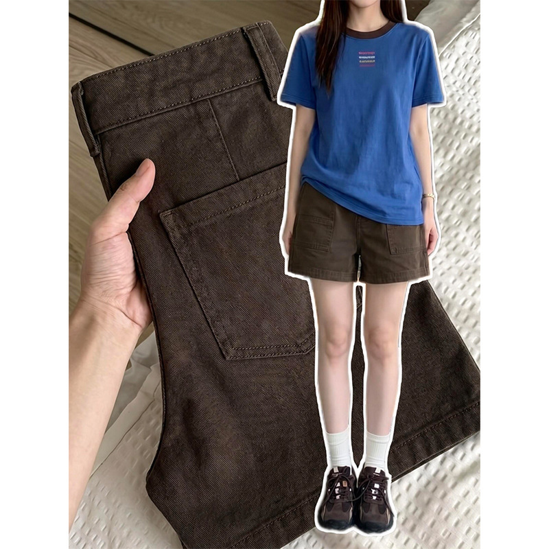 Vintage Brown-Coffee Color Workwear Denim Shorts for Women, Summer 2026 New High-Waisted Loose Slimming Quarter-Length Wide-Leg Hot Pants Vintage Brown-Coffee Color Workwear Denim Shorts for Women, Summer 2026 New High-Waisted Loose Slimming Quarter-Length Wide-Leg Hot Pants