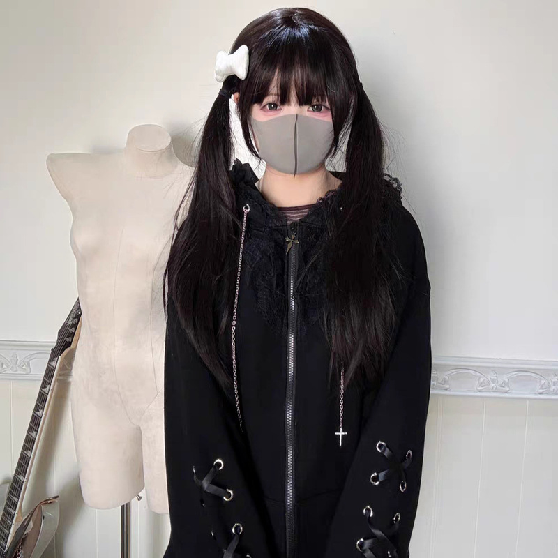 Subculture Dark Style Cat Ear Hooded Cardigan Sweatshirt for Women with Lace Trim, Cross Chain, Tie Sleeves, and Loose Fit Jacket