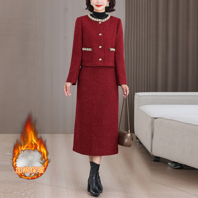 Blx9752 Fashionable Small Fragrant Style Plus Cotton Suit for Women 2025 Autumn and Winter New Style Red Wedding Banquet Dress for Mother-In-Law