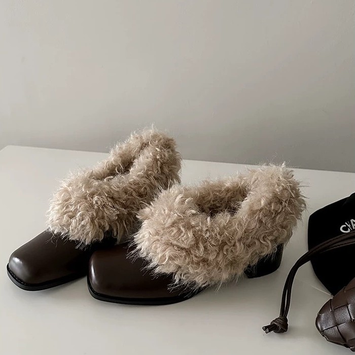Cowhide Version ~ Retro Square Toe Fur Shoes Fleece-Lined Flats for Women 2025 Autumn and Winter Thick Heel Cotton Shoes High Heel Small Leather Shoes