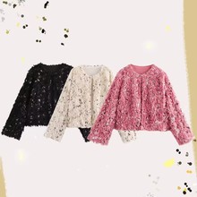 亚马逊跨境外贸欧美女装2024秋冬新款圆领亮片长袖外套上亮片元素