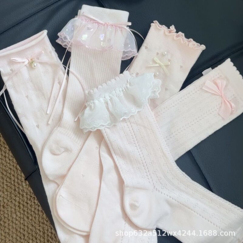春夏粉色系少女粉可爱ins堆堆袜甜美镂空蝴蝶结花边公主袜日系|undefined