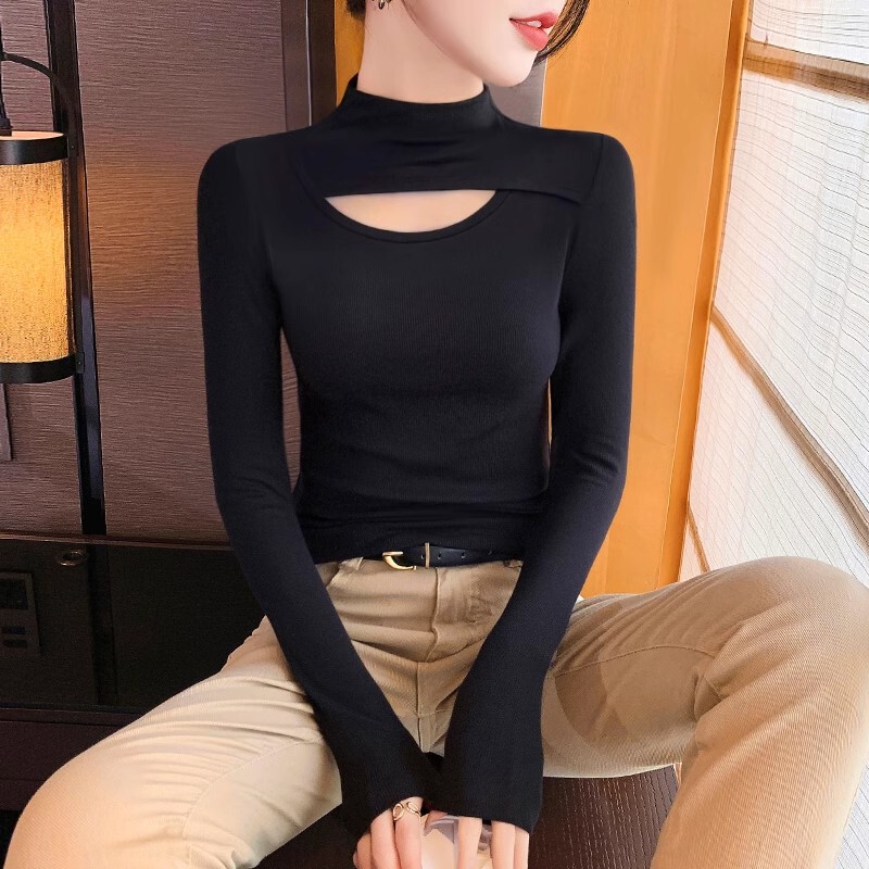 半高领针织打底衫女内搭秋冬长袖2025年新款高级感镂空设计感上衣|undefined