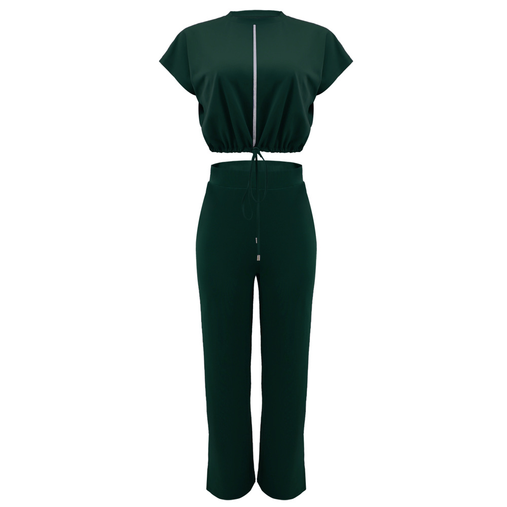 Summer Drawstring Short Top High Waist Slit Women Trousers Two Piece Suit