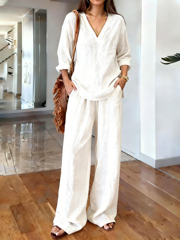 Aria Basics Aria Basics Cross-border 2026 New European And American Clothing, Casual V-neck Pullover Long-sleeve Long-pants Washed Cotton_voghion.com