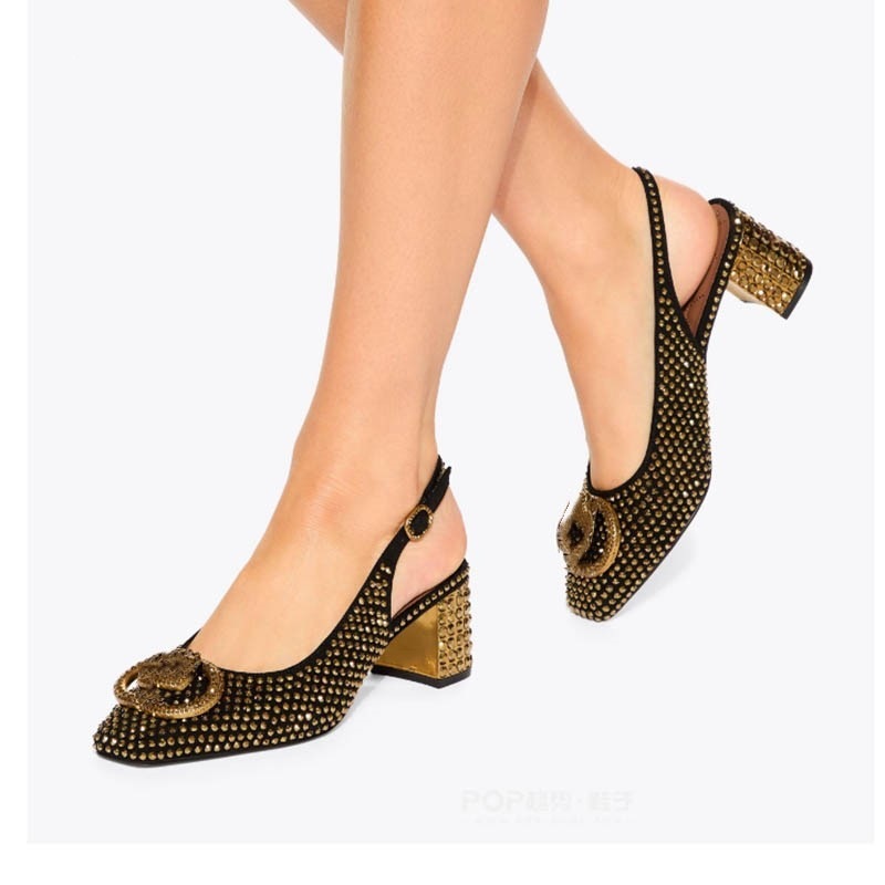 2026 New Foreign Trade Style Square-Toe Owl Metal Buckle Rhinestone Chunky High Heels with Unique Heel and Large Size Open Back