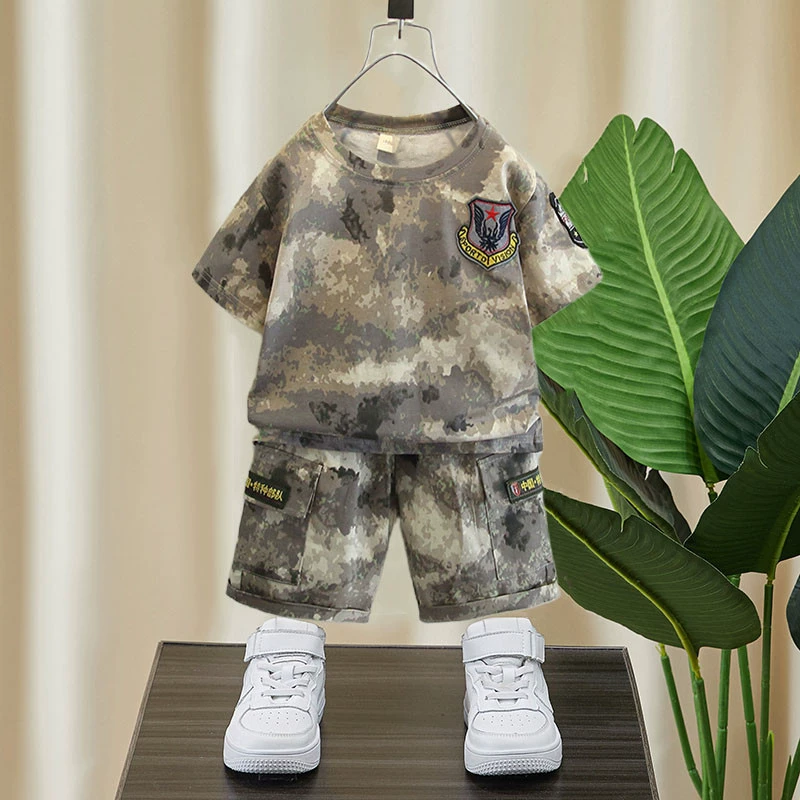 Детский camouflage летний комплект для мальчиков, летняя одежда, с коротким рукавом
