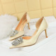 3165-AK11 Fashion Banquet Thin Heel High Heel Shallow Mouth Pointed Silk Side Hollow Water Diamond Button Women's Single Shoe