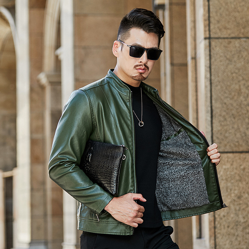Men's Leather Jacket Casual Winter Fleece Warm Stand Collar Coat_voghion.com