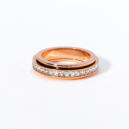 Live broadcast simple single row diamond rotatable ring 18k rose gold plated zircon titanium steel baby's breath ring for women