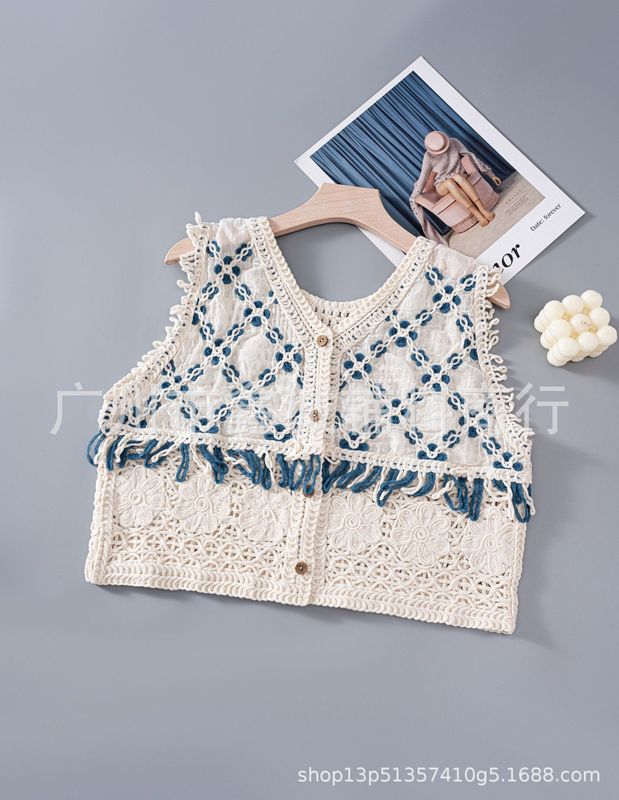 エスニック風ベスト、刺繍レイヤード、ベスト、アーティスティックショートジャケット、タッセルベスト、レトロ|undefined