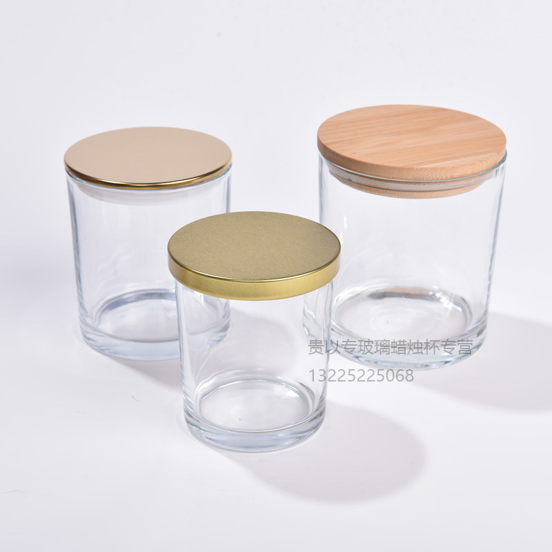 现货 430ml蜡烛杯透明 新品 防锌合金盖竹盖玻璃蜡烛杯香氛摆件