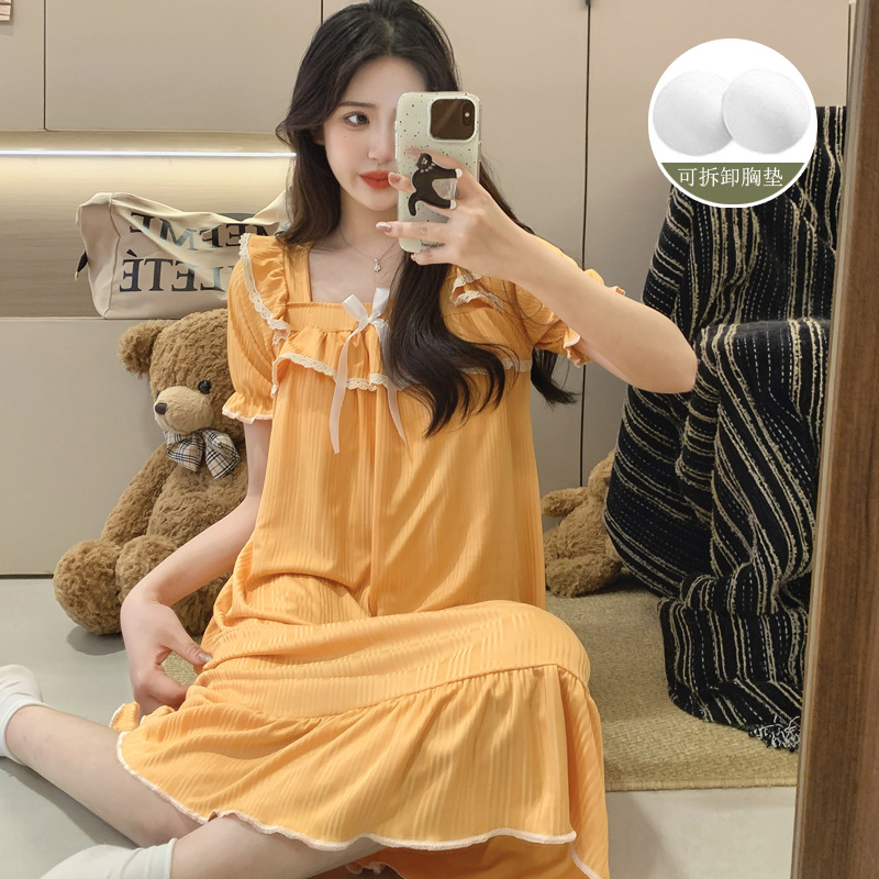 Al por mayor 2025 pijama de verano pijama de algodón princesa dulce vestido de estilo largo con cojín de pecho