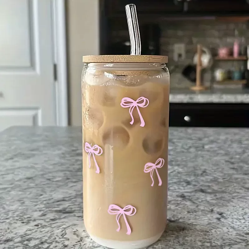 Стеклянный стакан 16 oz, вместительный кола-стиль с рисунком бантиков и стеклянной трубочкой