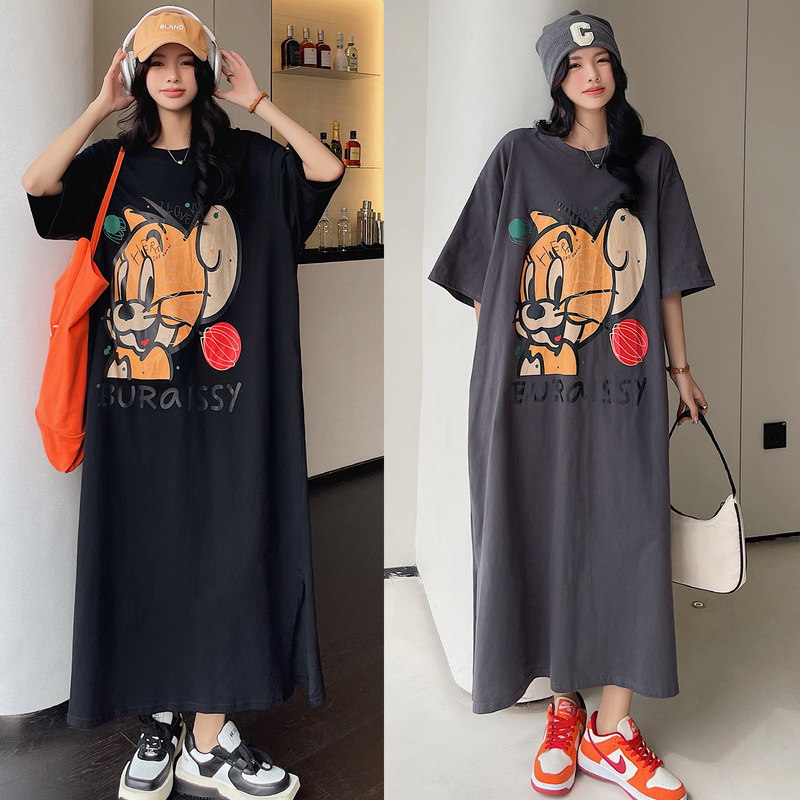30103 # 2024 New Summer/Cartoon Mouse Print Large Size T-Shirt Dress Long Short-Sleeved Dress for Women
