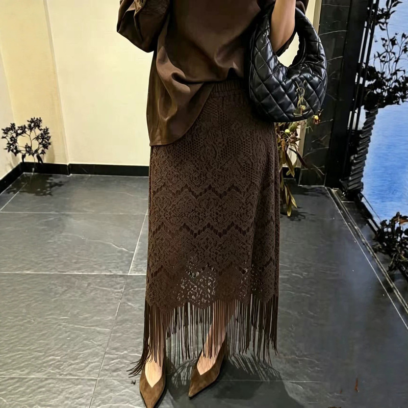 New autumn and winter high-waisted fringed skirt for women, knitted mid-length elegant slimming straight skirt in brown and black