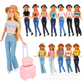 欧美洋娃娃11寸30厘米时尚旅行多款条纹衫牛仔裤帽子玩具配饰跨境