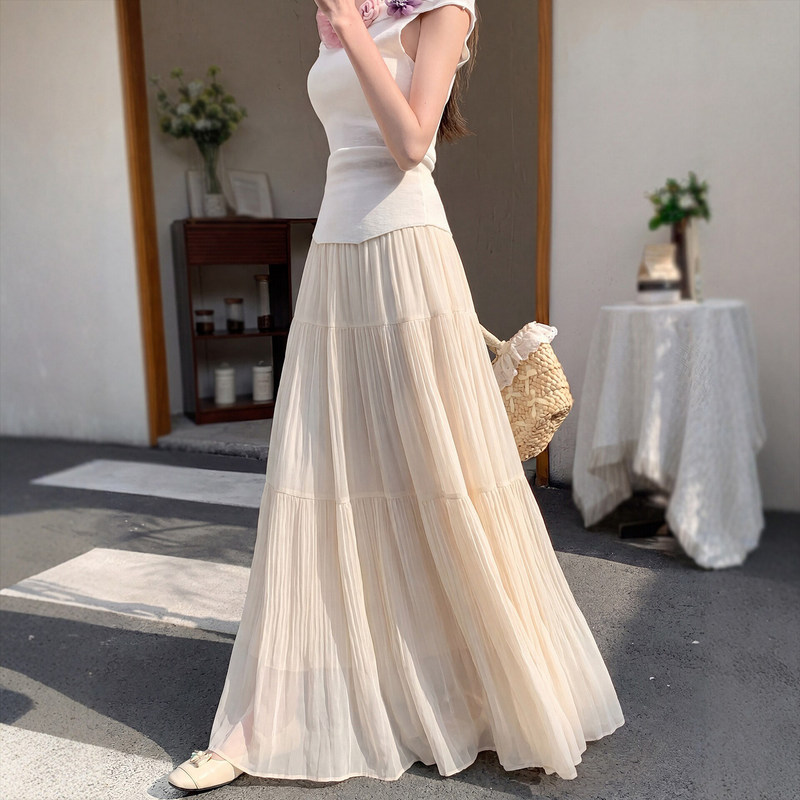 Chiffon Pleated Skirt for Women 2026 New Summer Style, Very Beautiful Korean-Style A-Line Skirt, Petite Tiered Long Skirt Chiffon Pleated Skirt for Women 2026 New Summer Style, Very Beautiful Korean-Style A-Line Skirt, Petite Tiered Long Skirt