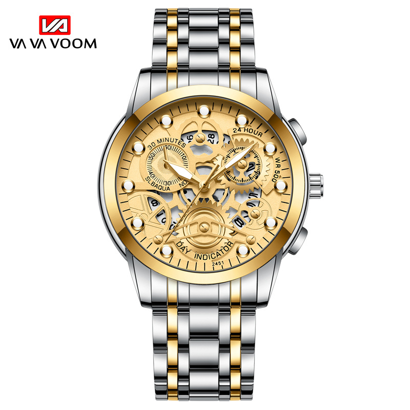 VAVA VOOM 2451 nuevo calendario falso Movimiento de cuarzo de tres ojos Reloj de correa de acero luminoso para hombres