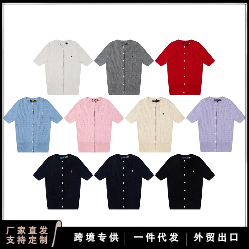 Cross-Border New Style Rl Ralph Lauren Embroidered Twist Pattern Round Neck Casual Knit Cardigan Short-Sleeve Top Unisex