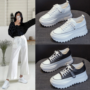 Breathable and Comfortable Leather Korean Style Versatile White Shoes for Women 2025 Autum Foot-Showing Small Person Inner Heightening Trendy Shoes Flats
