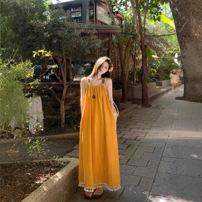 Lazy and Relaxed Yellow Tassel Suspender White Dress Seaside Vacation Elegant Long Dress Beautiful Beach Dress Summer