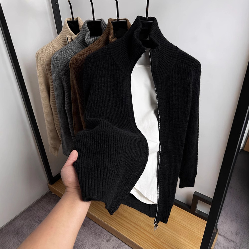 Double Zipper Turtleneck Cardigan Men's Knitwear Autumn and Winter Thick Sweater Coat Men's Solid Color Jacket Coarse Sweater