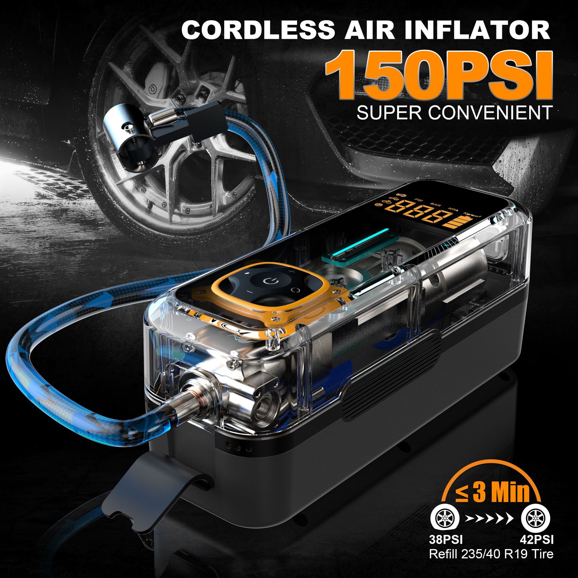 Bomba de aire portátil para coche con pantalla digital inteligente, adecuada para bicicletas y vehículos eléctricos, exclusivamente para uso transfronterizo, 12V.