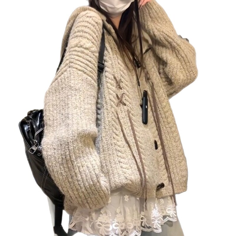 美式复古兔耳朵牛角扣连帽毛衣女秋冬宽松显瘦慵懒风针织开衫外套|undefined